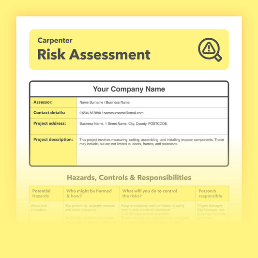 Editable, pre-filled risk assessment template for carpenters and carpentry work – fully compliant with health and safety regulations.