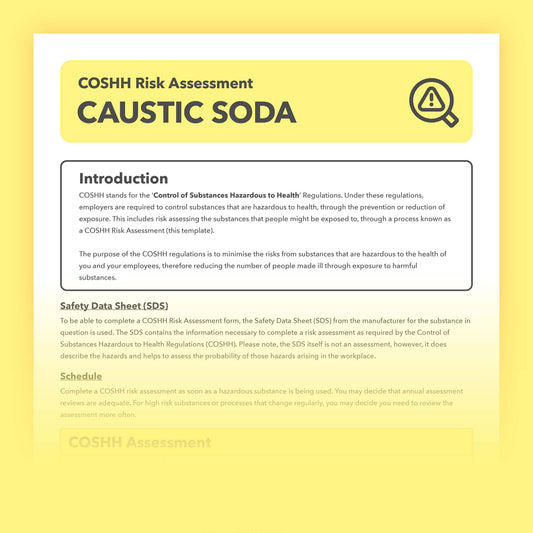 Prefillled COSHH risk assessment for caustic soda