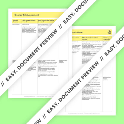 Risk assessment template for professional cleaners, domestic cleaners, commercial cleaners, freelance cleaners, and self-employed cleaners. This health and safety risk assessment comes pre-filled for ease of use.