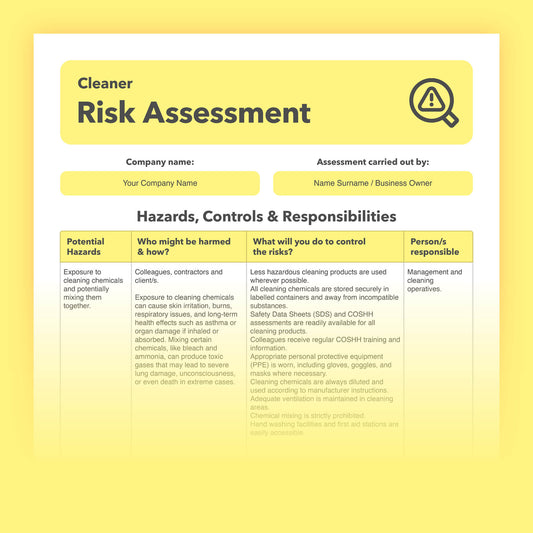 Risk assessment template for professional cleaners, domestic cleaners, commercial cleaners, freelance cleaners, and self-employed cleaners. This health and safety risk assessment comes pre-filled for ease of use.