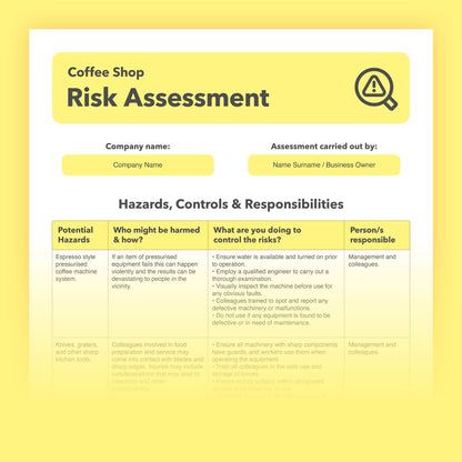 Editable, pre-filled risk assessment template for coffee shops and tea rooms – fully compliant with health and safety regulations.