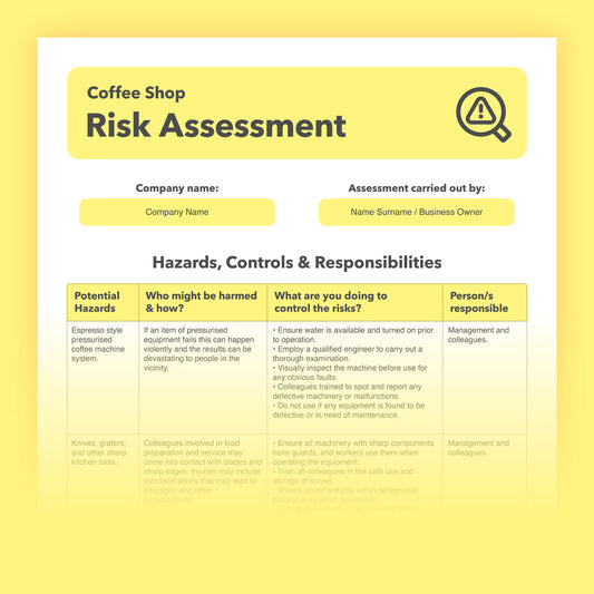 Editable, pre-filled risk assessment template for coffee shops and tea rooms – fully compliant with health and safety regulations.
