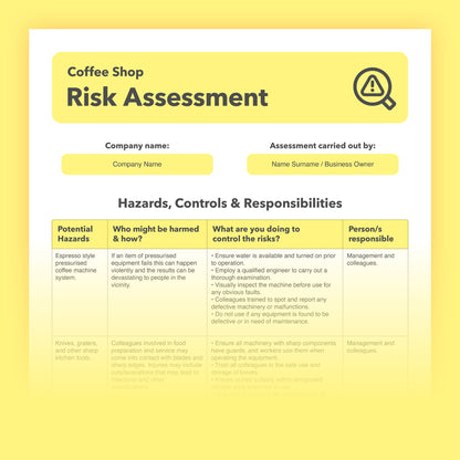 Risk assessment template for Coffee shops and coffee bars