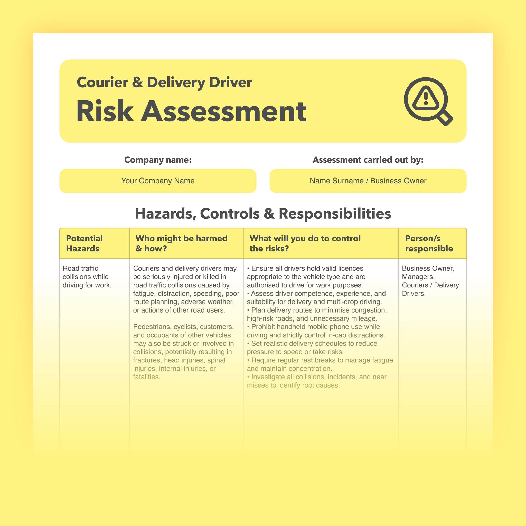 Courier and Delivery Driver Risk Assessment Template | Pre-filled ...