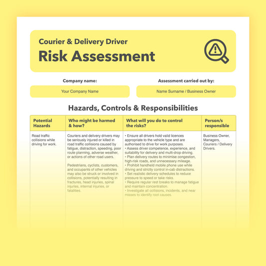 Editable, pre-filled risk assessment template for self-employed couriers, delivery drivers, and parcel delivery businesses — easy to use and fully compliant with health and safety regulations.