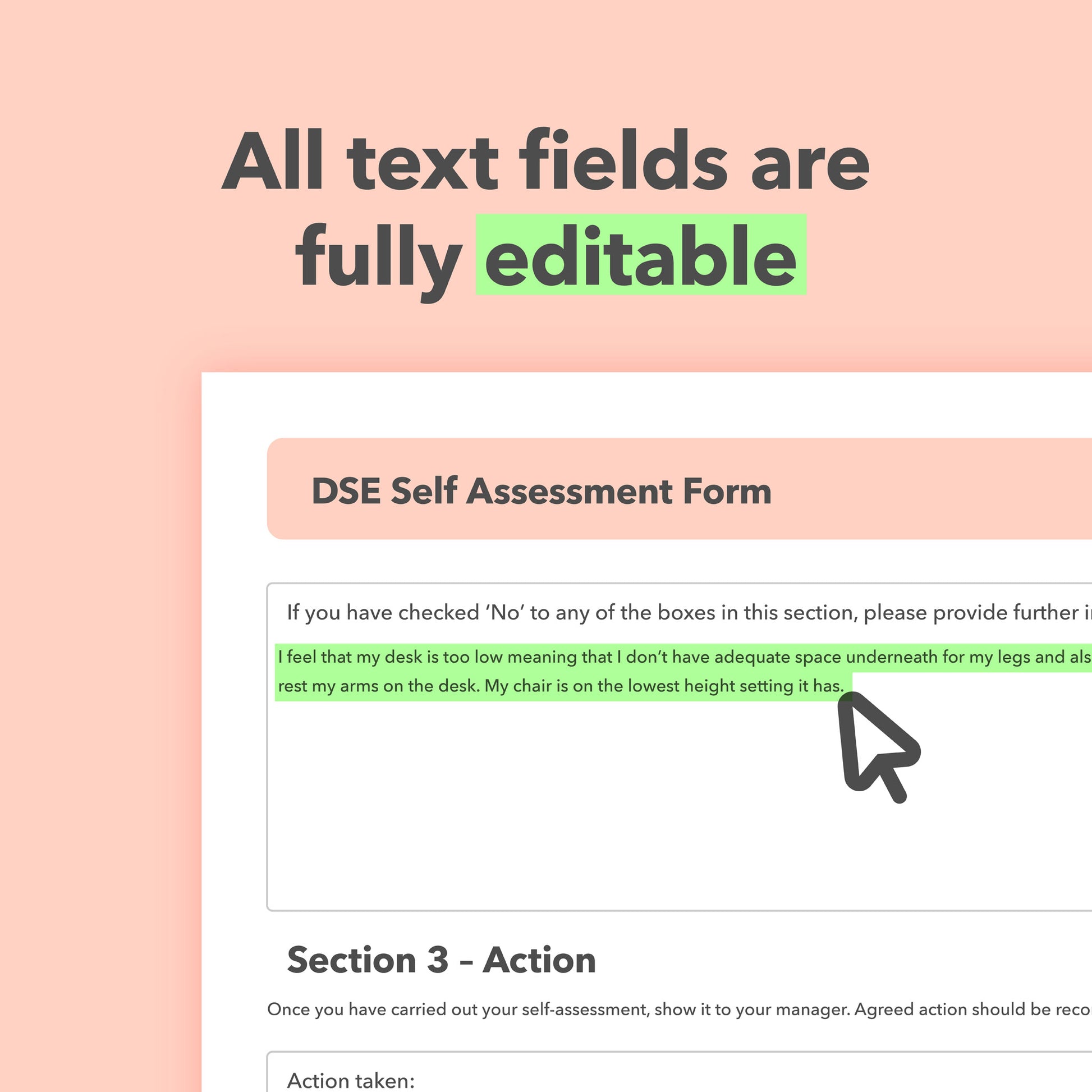 DSE assessment template with a pre-filled example to identify display screen equipment risks, improve ergonomics, and ensure employee health and safety.