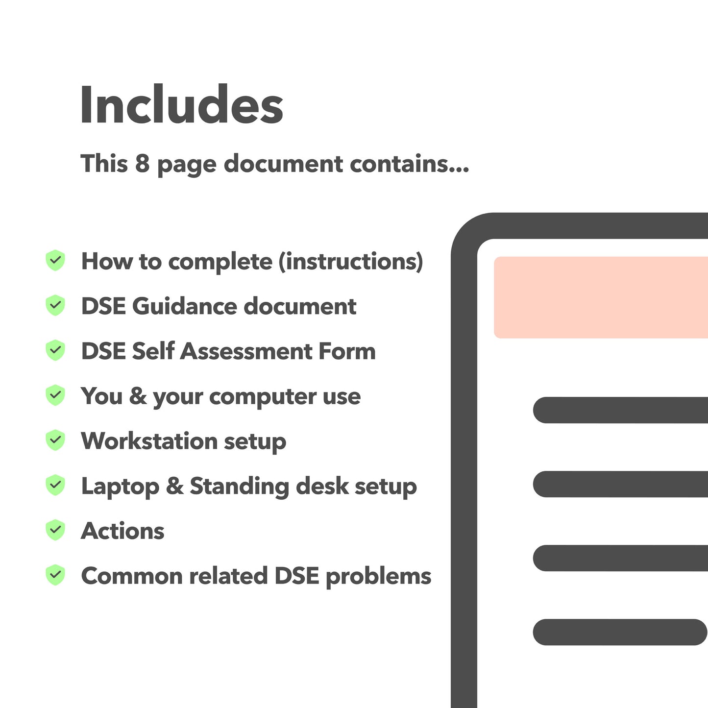 DSE assessment template with a pre-filled example to identify display screen equipment risks, improve ergonomics, and ensure employee health and safety.