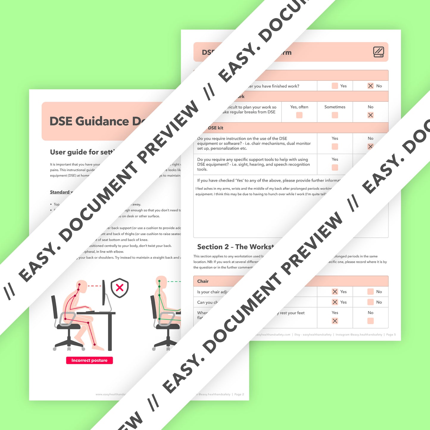 DSE assessment template with a pre-filled example to identify display screen equipment risks, improve ergonomics, and ensure employee health and safety.