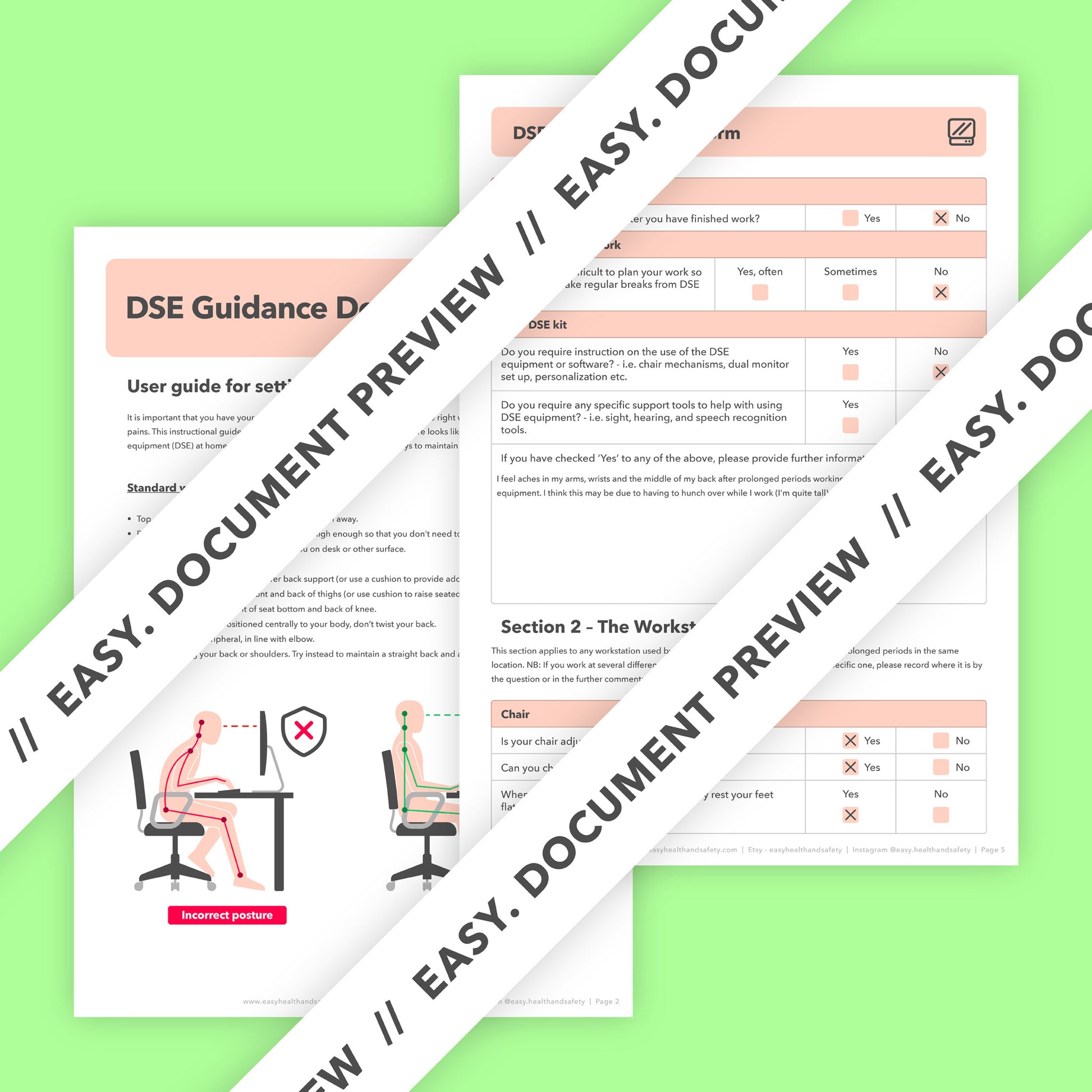 DSE assessment template with a pre-filled example to identify display screen equipment risks, improve ergonomics, and ensure employee health and safety.