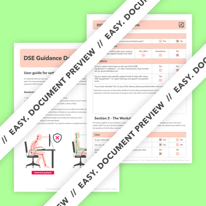 DSE assessment template with a pre-filled example to identify display screen equipment risks, improve ergonomics, and ensure employee health and safety.