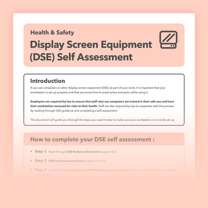 DSE assessment template with a pre-filled example to identify display screen equipment risks, improve ergonomics, and ensure employee health and safety.