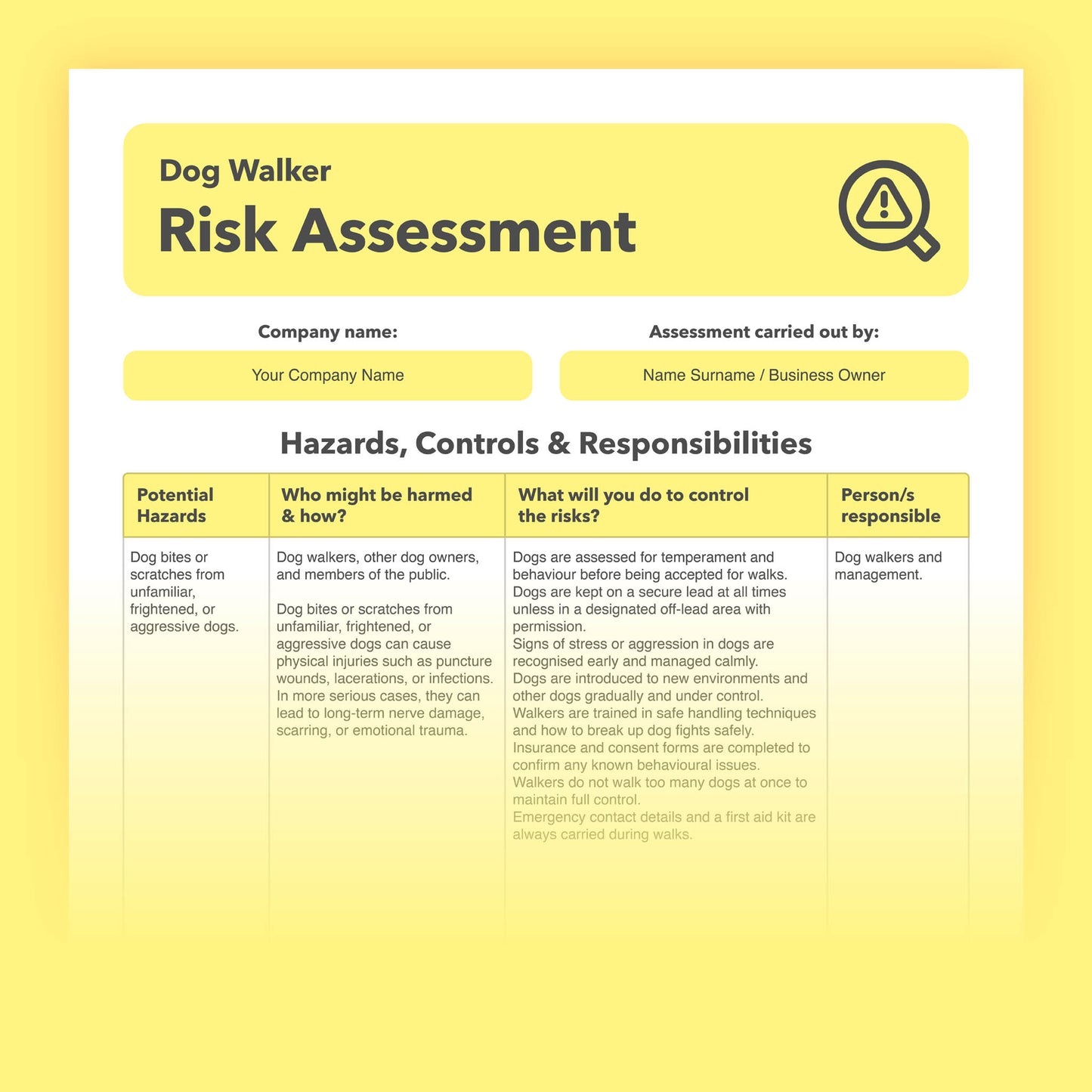 Editable, pre-filled risk assessment template for dog walkers, dog walking services, and pet care providers – fully compliant with health and safety regulations.