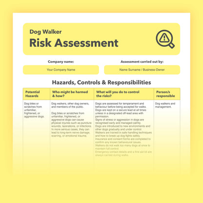 Risk assessment template for dog walkers, dog walking services, and pet care providers. This health and safety risk assessment comes pre-filled for ease of use.