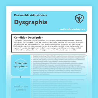 Reasonable adjustments guide for individuals with Dysgraphia in the workplace.