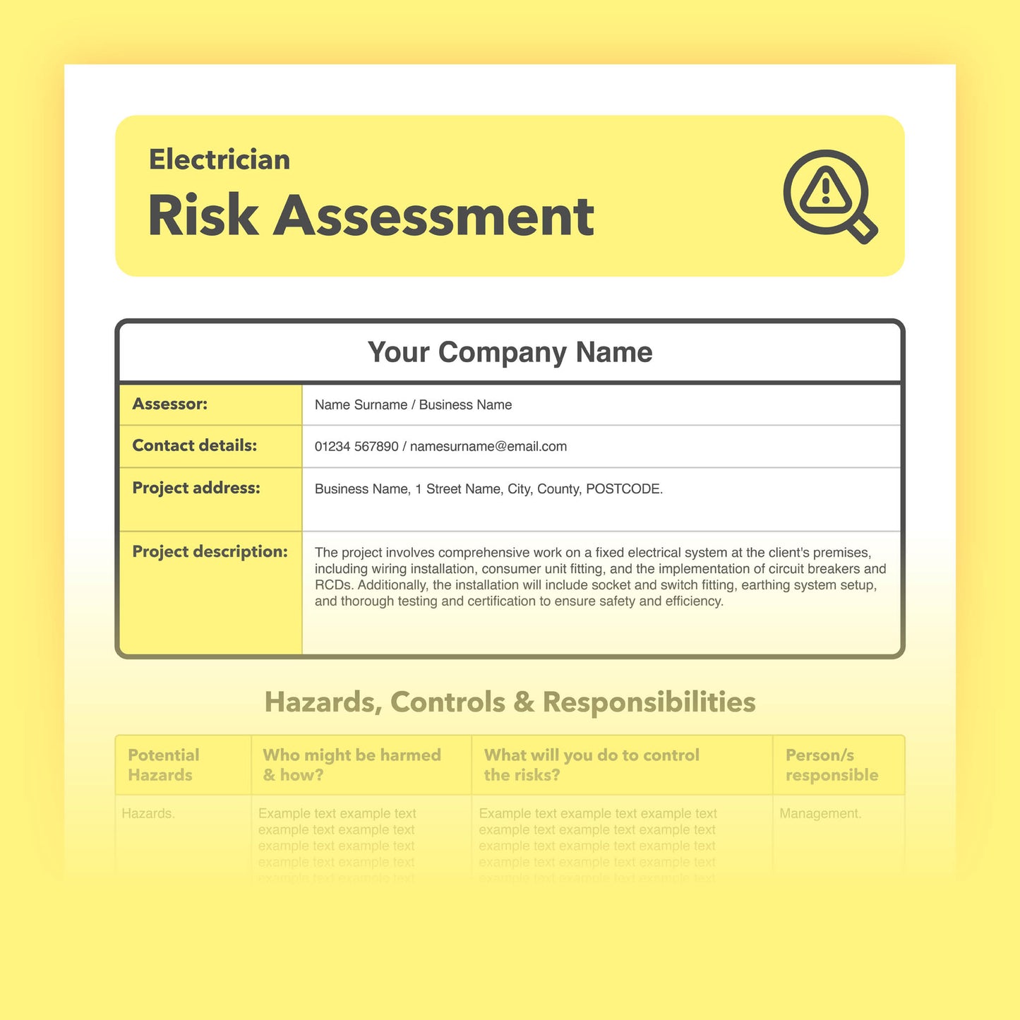 Risk assessment template for Electricians. This health & safety risk assessment comes pre-completed for ease of use.