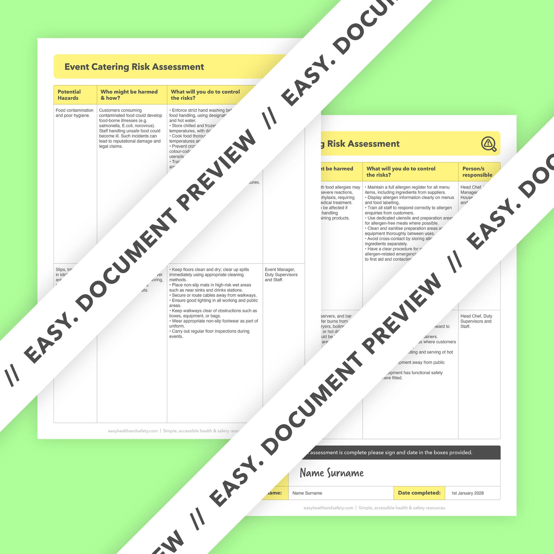 Editable, pre-filled risk assessment for event caterers, wedding catering services, and corporate catering businesses – easy to use and fully compliant with health and safety regulations.