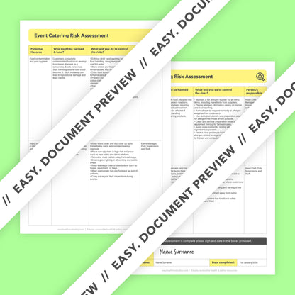 Editable, pre-filled risk assessment for event caterers, wedding catering services, and corporate catering businesses – easy to use and fully compliant with health and safety regulations.