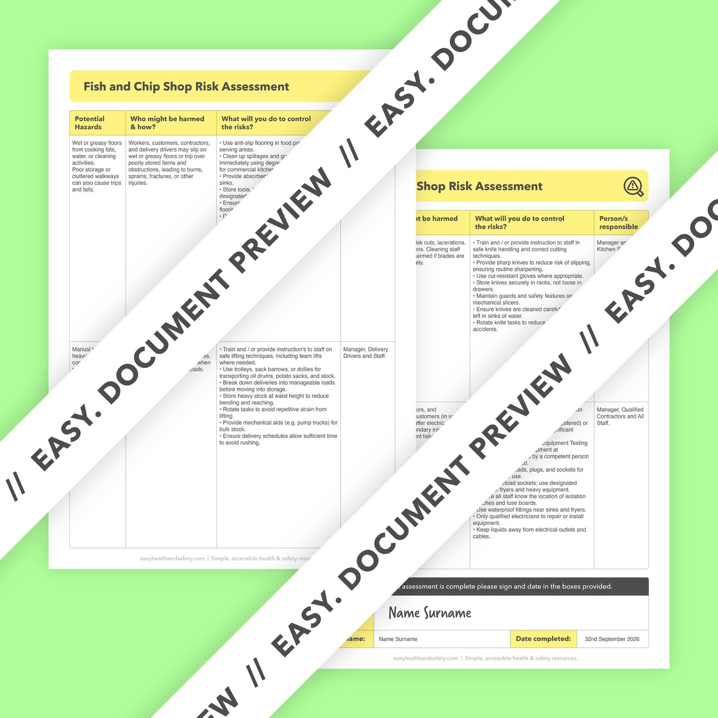 Editable, pre-filled risk assessment template for fish and chip shops, fish and chip restaurants, and chippies – easy to use and fully compliant with health and safety regulations.