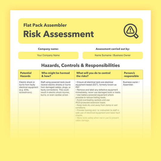 Editable, pre-filled risk assessment for flat pack assemblers, flat pack furniture builders, and furniture assembly services – easy to use, and compliant with health and safety regulations.