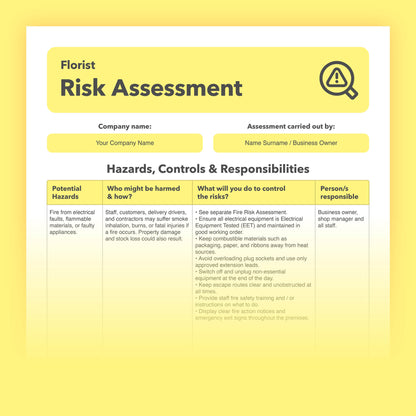 Editable, pre-filled risk assessment template for Florists, Flower Shops and Floral Businesses – fully compliant with health and safety regulations.