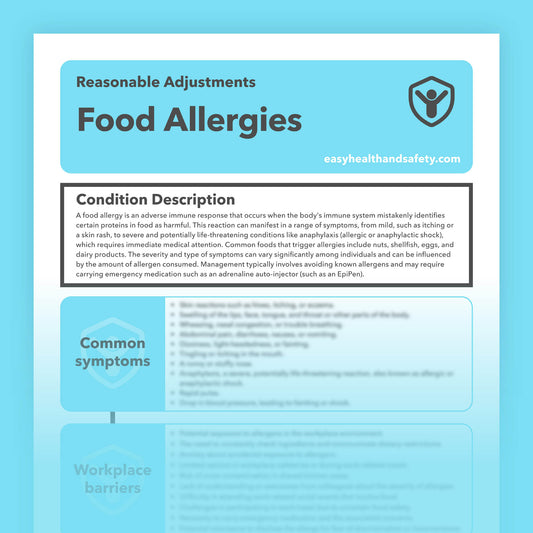 Reasonable adjustments guide for individuals with food allergies in the workplace.