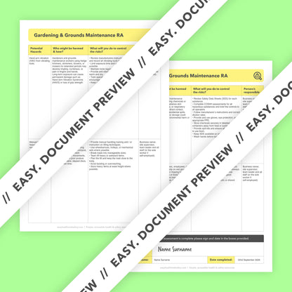 Editable, pre-filled risk assessment template for gardeners, groundskeepers, and outdoor maintenance businesses – easy to use and compliant with health and safety regulations.