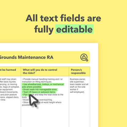 Editable, pre-filled risk assessment template for gardeners, groundskeepers, and outdoor maintenance businesses – easy to use and compliant with health and safety regulations.