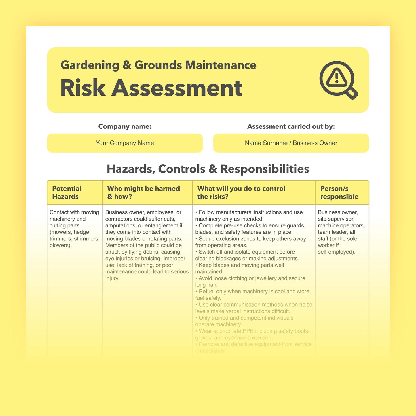 Editable, pre-filled risk assessment template for gardeners, groundskeepers, and outdoor maintenance businesses – easy to use and compliant with health and safety regulations.