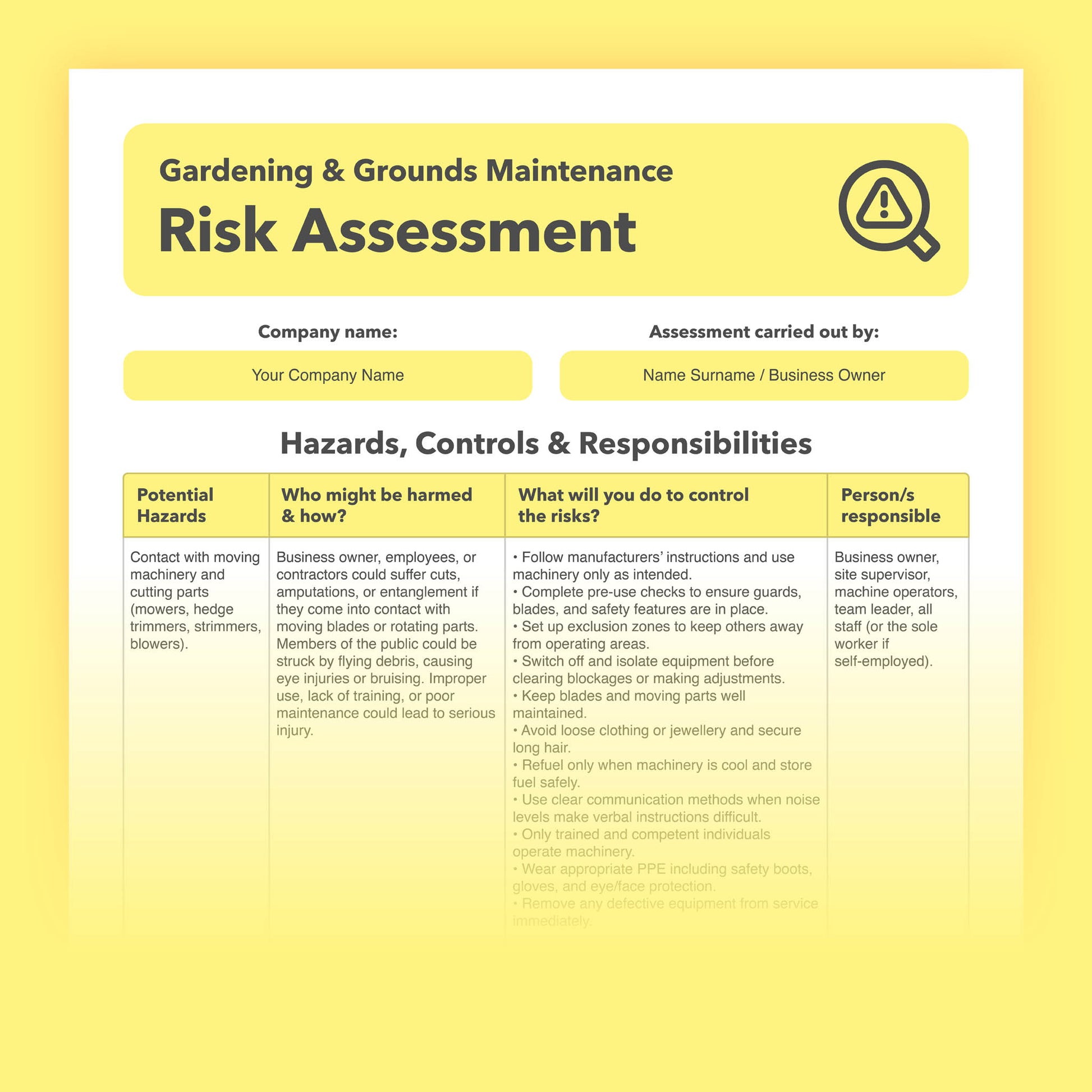 Editable, pre-filled risk assessment template for gardeners, groundskeepers, and outdoor maintenance businesses – easy to use and compliant with health and safety regulations.