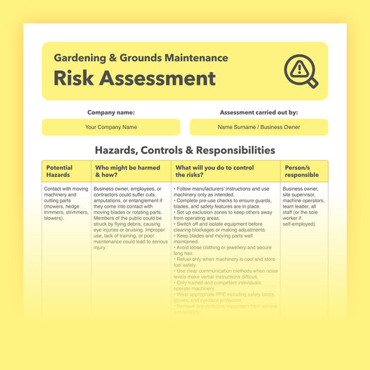 Editable, pre-filled risk assessment template for gardeners, groundskeepers, and outdoor maintenance businesses – easy to use and compliant with health and safety regulations.