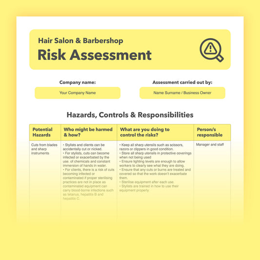 Editable, pre-filled risk assessment template for hair salons and barbershops – fully compliant with health and safety regulations.