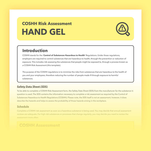 Prefillled COSHH risk assessment for hand sanitiser