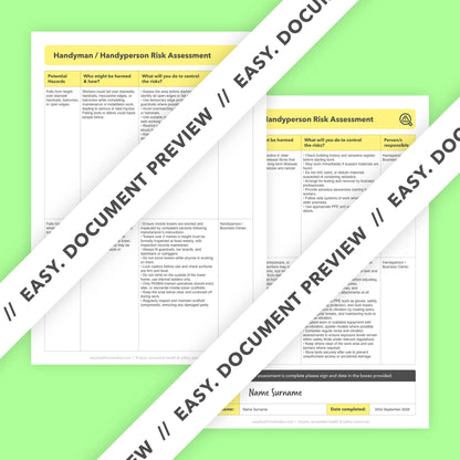 Editable, pre-filled risk assessment template for handymen, handypeople, and property maintenance businesses – suitable for domestic and commercial repair, installation, and improvement work. Easy to use and fully compliant with health and safety regulations.