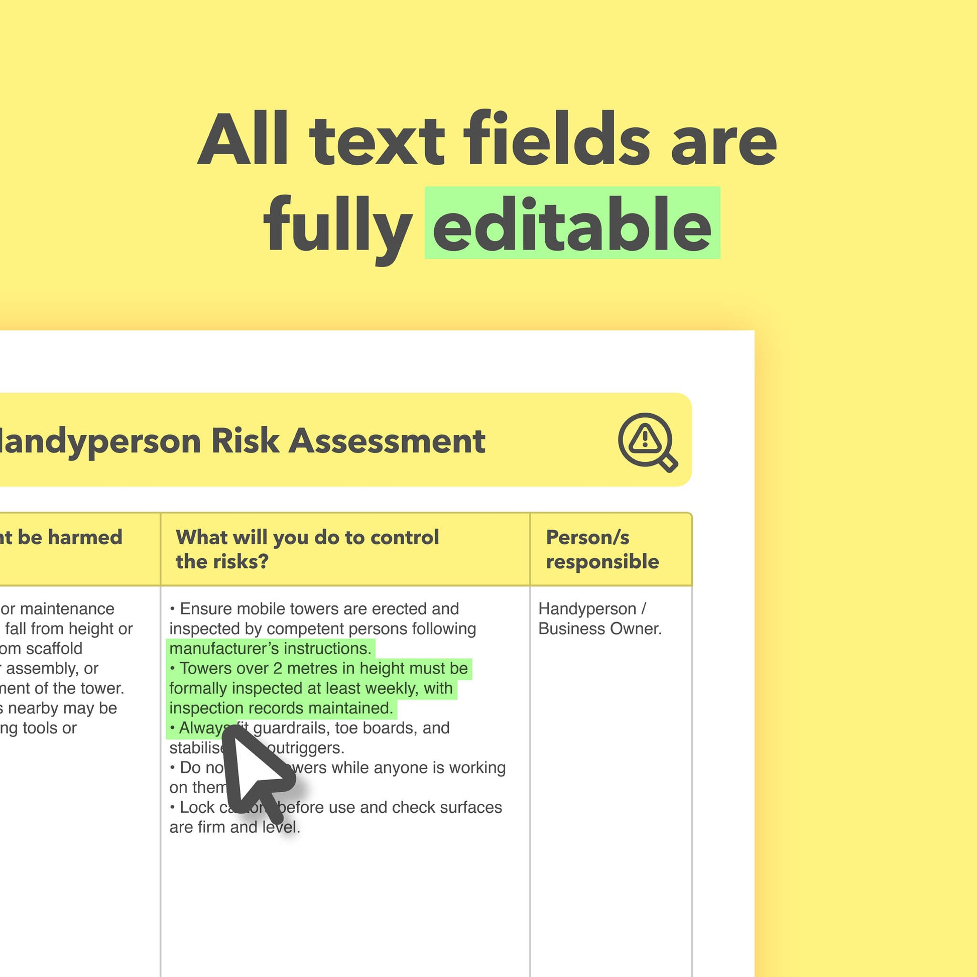 Editable, pre-filled risk assessment template for handymen, handypeople, and property maintenance businesses – suitable for domestic and commercial repair, installation, and improvement work. Easy to use and fully compliant with health and safety regulations.
