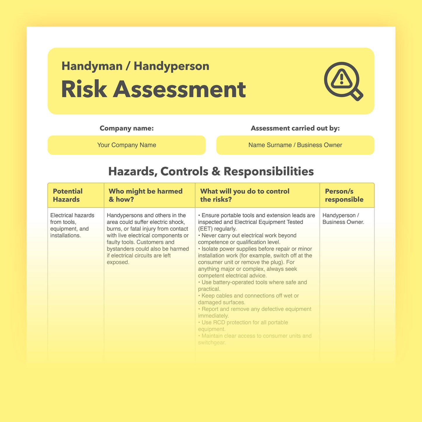 Editable, pre-filled risk assessment template for handymen, handypeople, and property maintenance businesses – suitable for domestic and commercial repair, installation, and improvement work. Easy to use and fully compliant with health and safety regulations.
