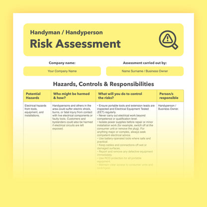 Editable, pre-filled risk assessment template for handymen, handypeople, and property maintenance businesses – suitable for domestic and commercial repair, installation, and improvement work. Easy to use and fully compliant with health and safety regulations.