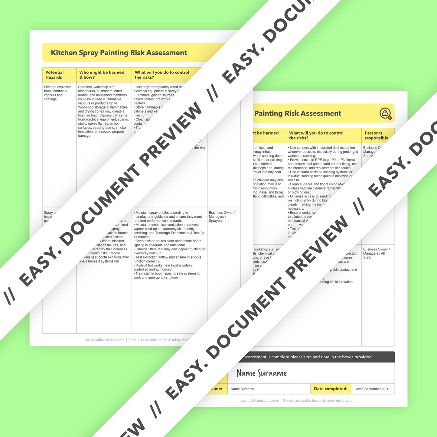 Editable, pre-filled risk assessment template for kitchen spray painters, kitchen cabinet sprayers, and professional interior respraying businesses — easy to use and fully compliant with health and safety law.