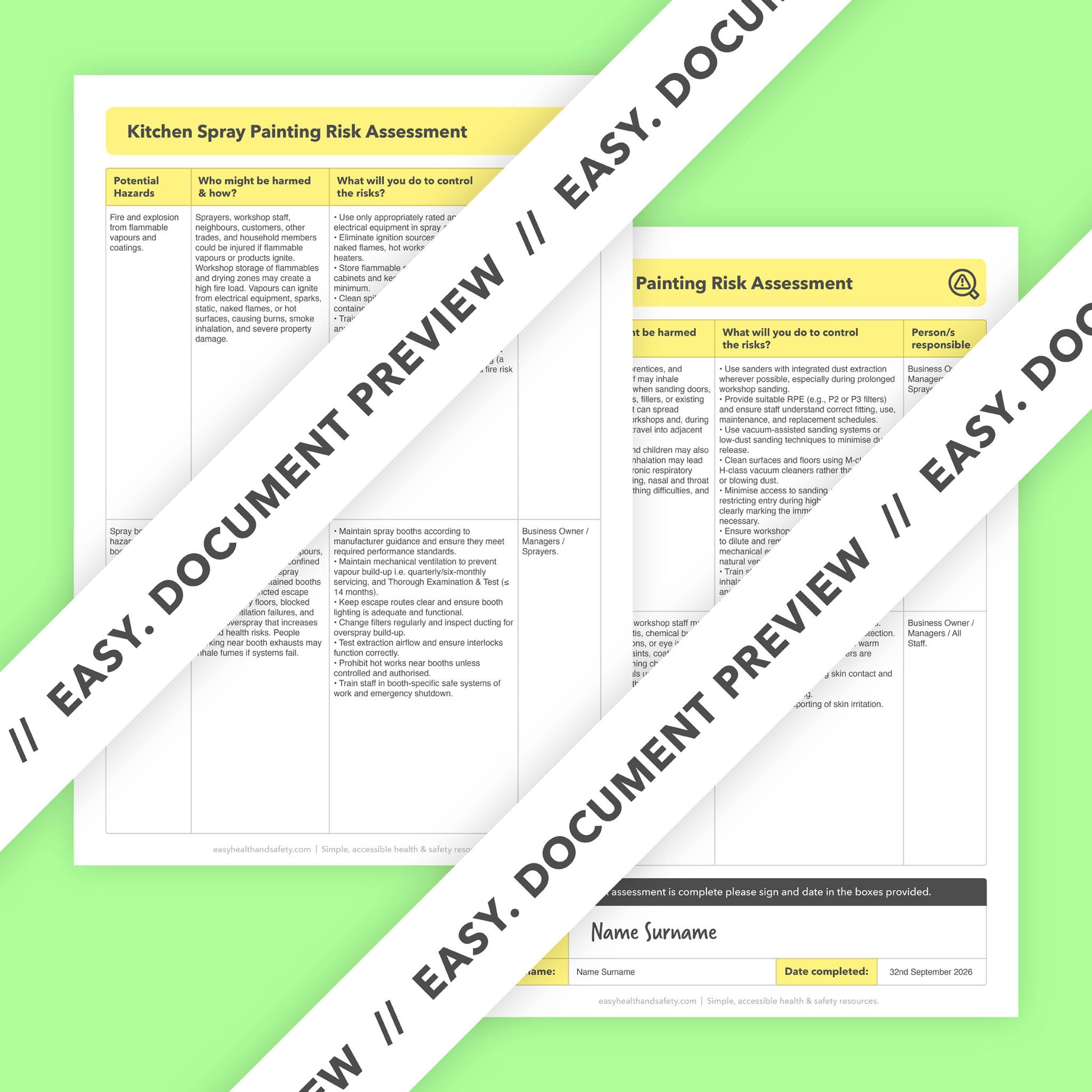 Editable, pre-filled risk assessment template for kitchen spray painters, kitchen cabinet sprayers, and professional interior respraying businesses — easy to use and fully compliant with health and safety law.