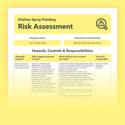 Editable, pre-filled risk assessment template for kitchen spray painters, kitchen cabinet sprayers, and professional interior respraying businesses — easy to use and fully compliant with health and safety law.