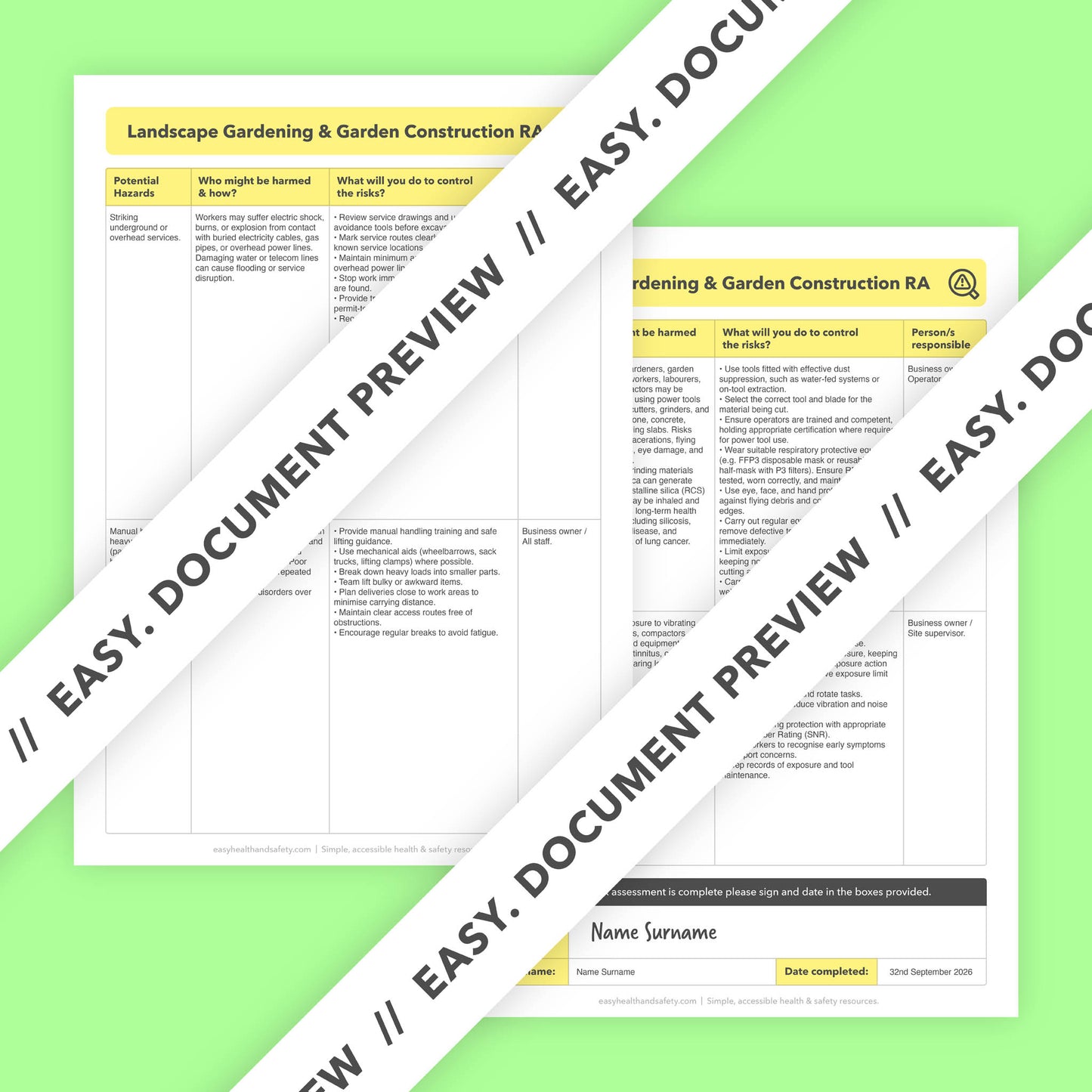 Editable, pre-filled risk assessment template for landscape gardeners, garden design and build companies, and hard landscaping businesses – easy to use and compliant with health and safety regulations.