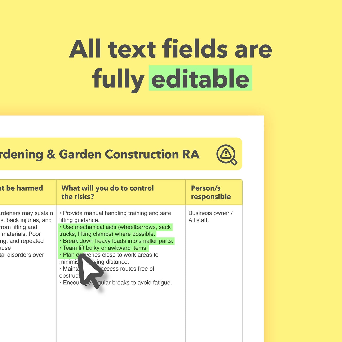 Editable, pre-filled risk assessment template for landscape gardeners, garden design and build companies, and hard landscaping businesses – easy to use and compliant with health and safety regulations.