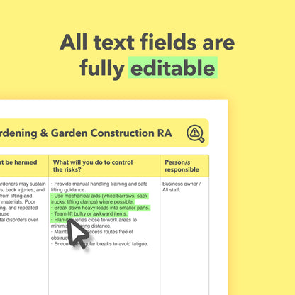 Editable, pre-filled risk assessment template for landscape gardeners, garden design and build companies, and hard landscaping businesses – easy to use and compliant with health and safety regulations.