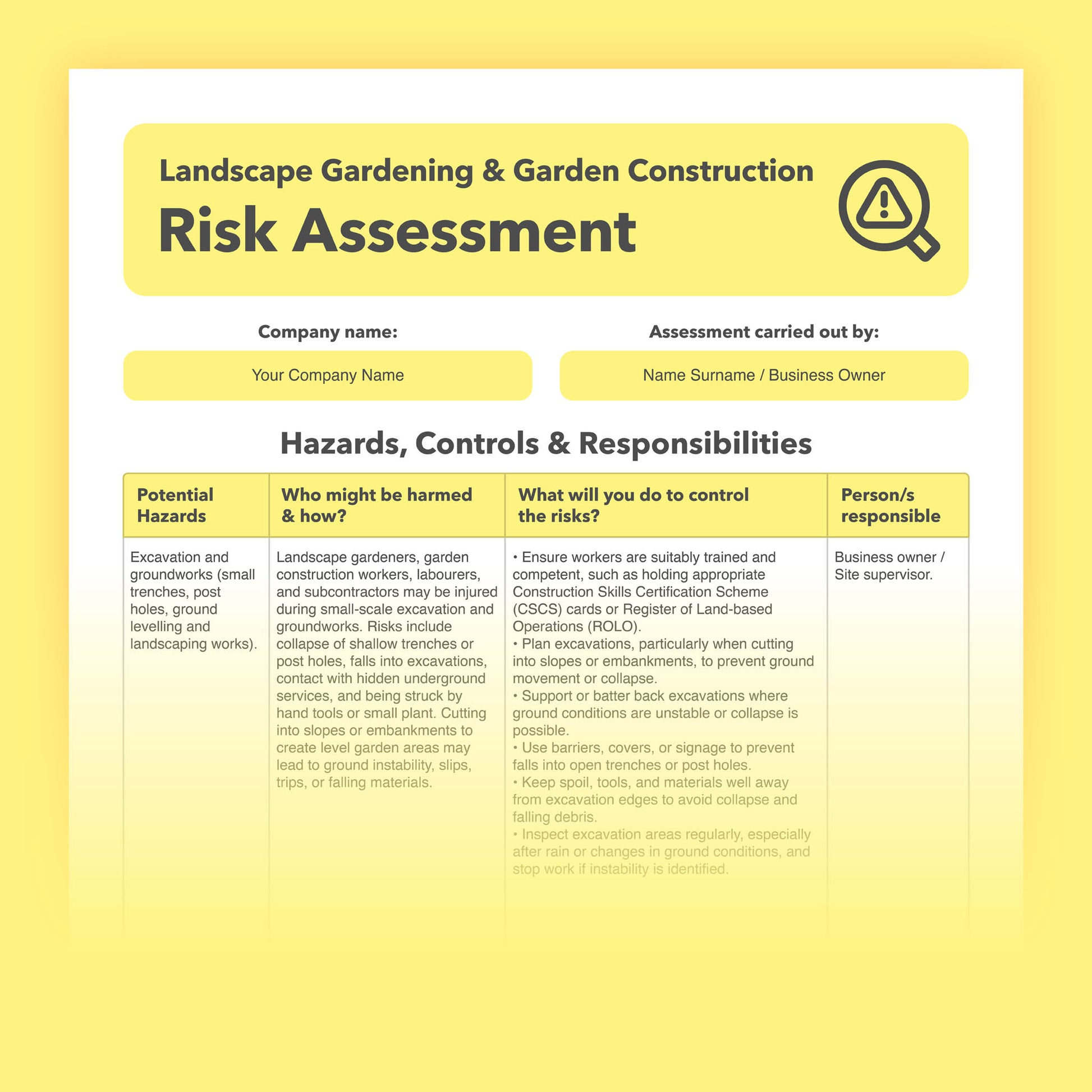 Editable, pre-filled risk assessment template for landscape gardeners, garden design and build companies, and hard landscaping businesses – easy to use and compliant with health and safety regulations.