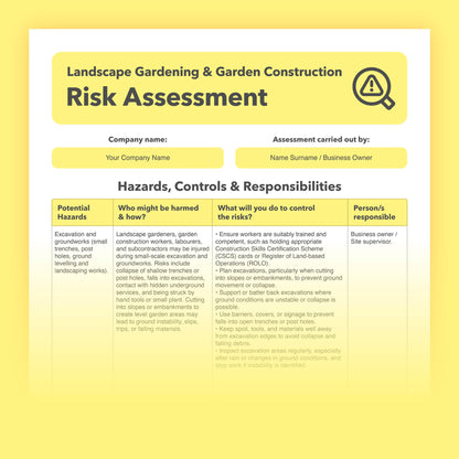 Editable, pre-filled risk assessment template for landscape gardeners, garden design and build companies, and hard landscaping businesses – easy to use and compliant with health and safety regulations.