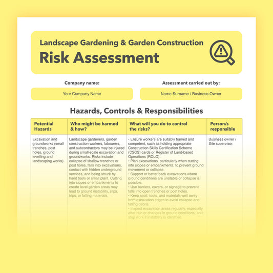 Editable, pre-filled risk assessment template for landscape gardeners, garden design and build companies, and hard landscaping businesses – easy to use and compliant with health and safety regulations.