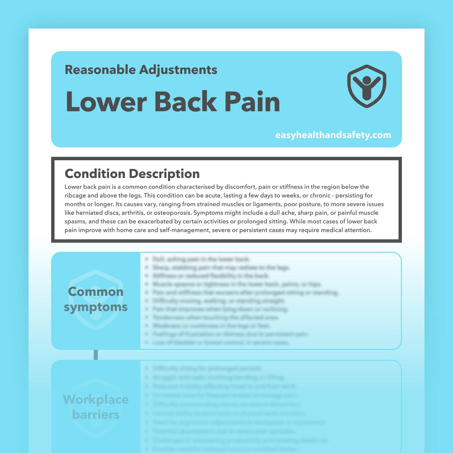 Reasonable adjustments guide for individuals with Lower Back Pain in the workplace.