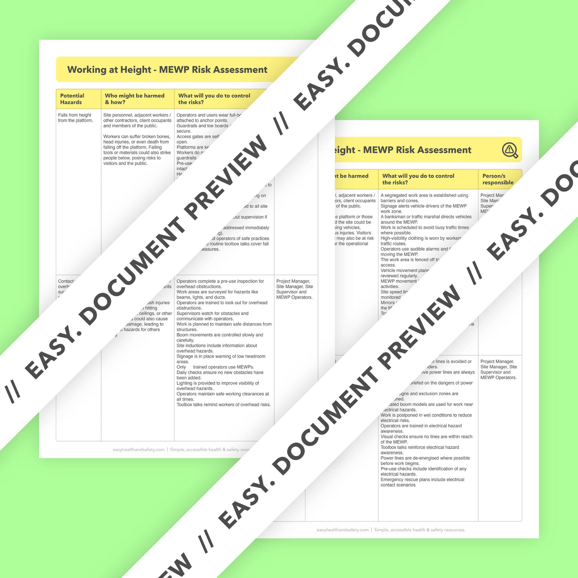Editable, pre-filled risk assessment template for working at height using a MEWP (Mobile Elevating Work Platform) – fully compliant with health and safety regulations.
