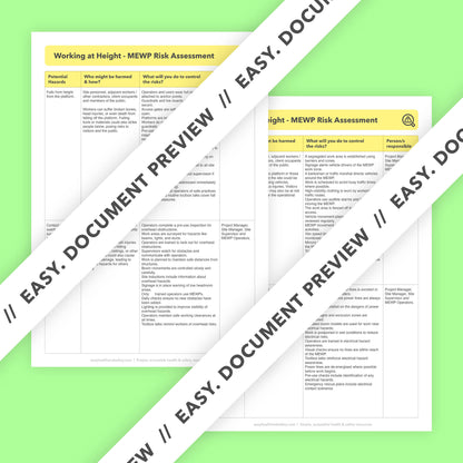 Editable, pre-filled risk assessment template for working at height using a MEWP (Mobile Elevating Work Platform) – fully compliant with health and safety regulations.