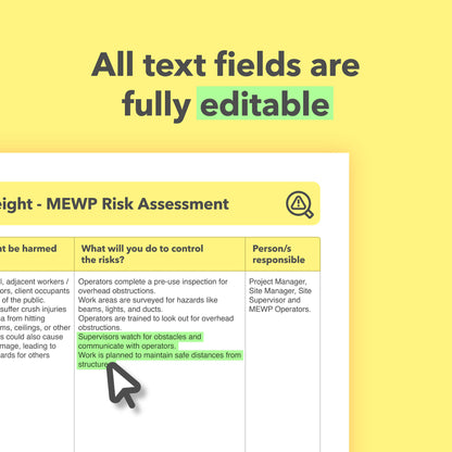Editable, pre-filled risk assessment template for working at height using a MEWP (Mobile Elevating Work Platform) – fully compliant with health and safety regulations.