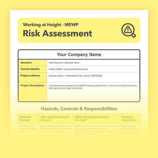 Risk assessment template for working at height using a MEWP (Mobile Elevating Work Platform). This health and safety risk assessment comes pre-filled for ease of use.